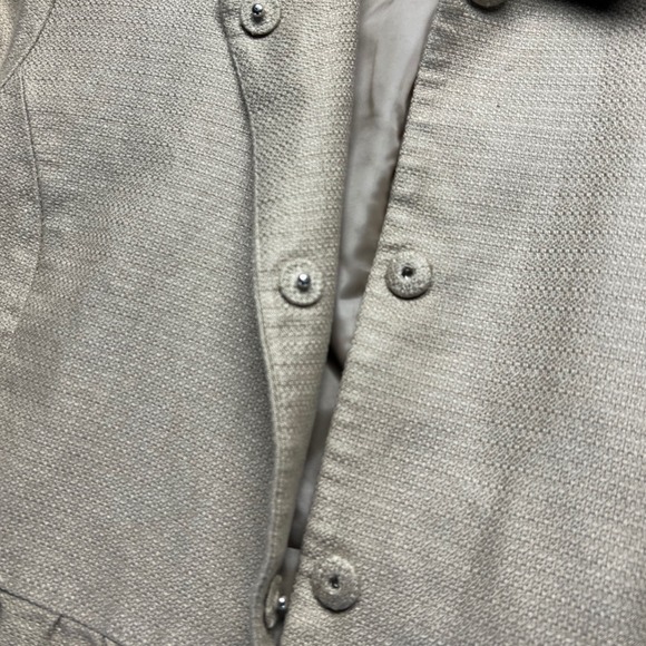 VTG Button Sheath Jacket Cropped Ruffle Hem 3/4 Sleeve Linen Blend Career Retro - Picture 2 of 11